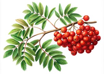 A minimalist digital illustration of a rowan branch against a white background, showcasing nature's beauty through a simple botanical design that emphasizes elegance and tranquility.