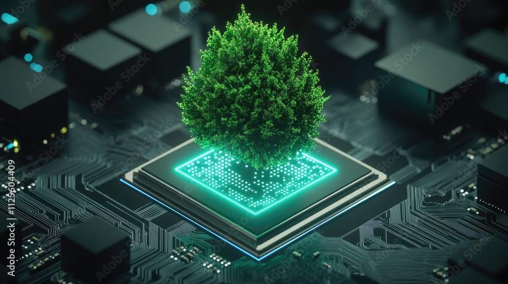 Poster futuristic tree growing from microchip on digital circuit board