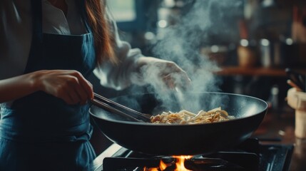 Woman Chef Cooking Food in Wok Using Tongs