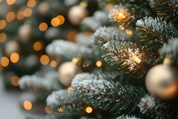 Obraz premium A close-up shot of a decorated Christmas tree with colorful lights in the background