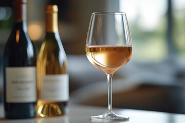 A glass of wine sits next to an open bottle, ideal for a cozy evening or dinner party