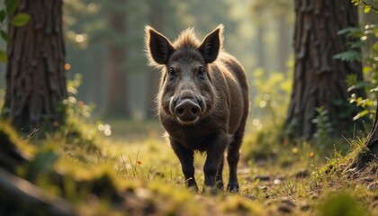 Wild boar standing curiously in the forest with soft sunlight filtering through trees