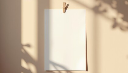 A4 paper mockup hanging on wall with clip against soft pastel background and shadows