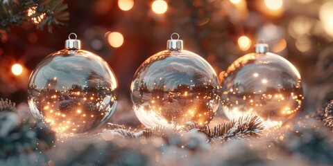 Three Christmas ornaments sitting on a snow-covered ground, perfect for winter scenes or festive decorations