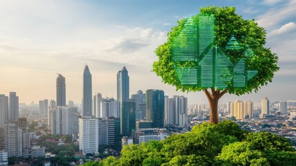 Fototapeta premium Urban Sustainability Concept with Eco-Friendly Tree and Skyline View