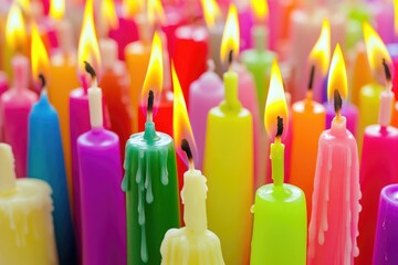 A collection of colorful candles placed together, suitable for decorative or ceremonial uses