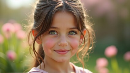 Naklejka premium A young girl with wavy brown hair and rosy cheeks smiles softly, standing in a garden filled with blooming pink tulips. Generative, AI,