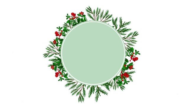 Watercolor Christmas border background animated watercolor fir branches circle, wreath, space for text. Screensaver greeting cards, natural rustic decorations, holly plant botanical New Year frame.