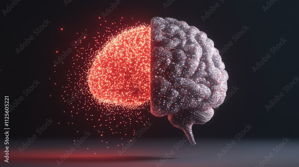 Poster digital brain visualization with floating particles in dark space