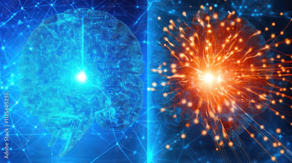 Aufkleber bright blue and orange brain concept with digital circuit patterns
