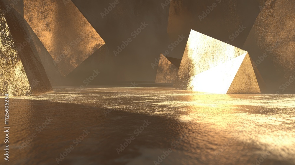 Poster abstract golden shapes in mysterious dark environment with reflection