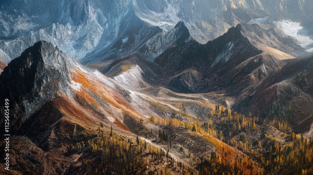 Poster aerial view of mountains with trees in the foreground