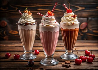 chocolate, vanilla, and strawberry, all adorned with whipped cream and cherries—perfect for food photography enthusiasts and dessert lovers alike.