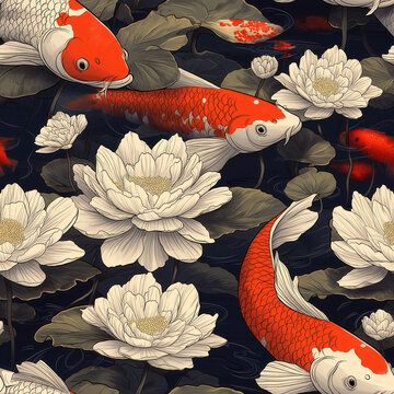 Seamless pattern of koi fish in watercolor style.