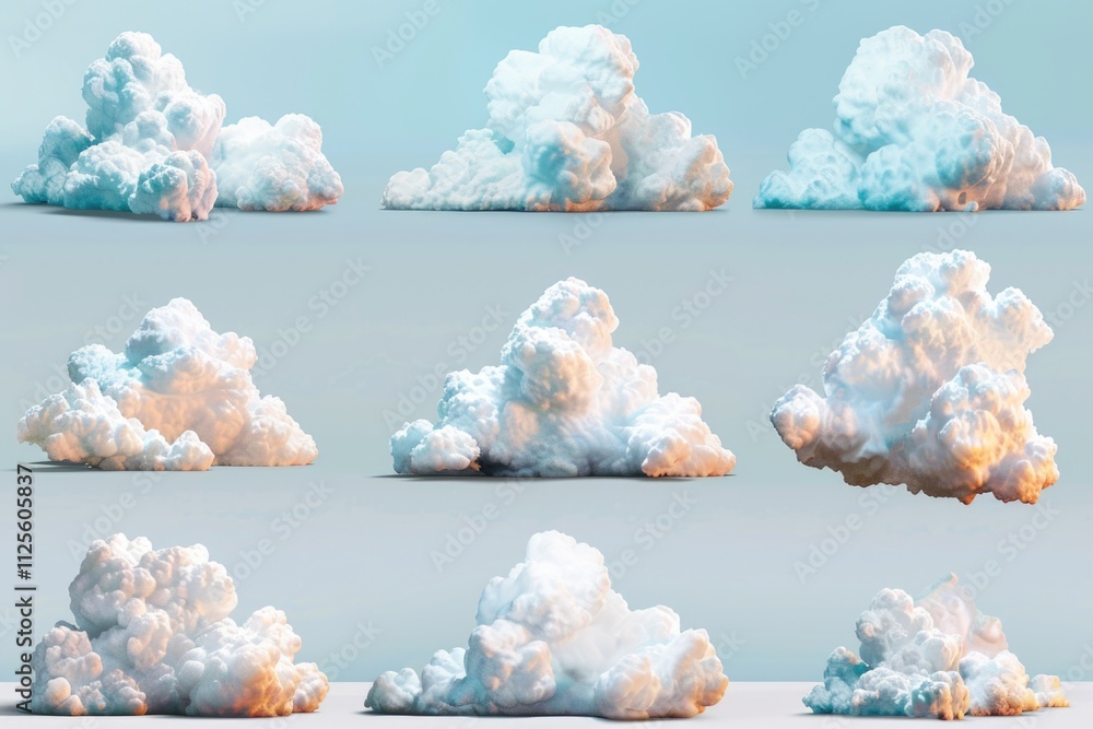 Poster a collection of clouds floating in the air, with varying shapes and sizes