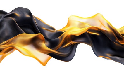 Abstract fluid shapes, 3d rendering illustration of black and gold color waves and cloth fabric...