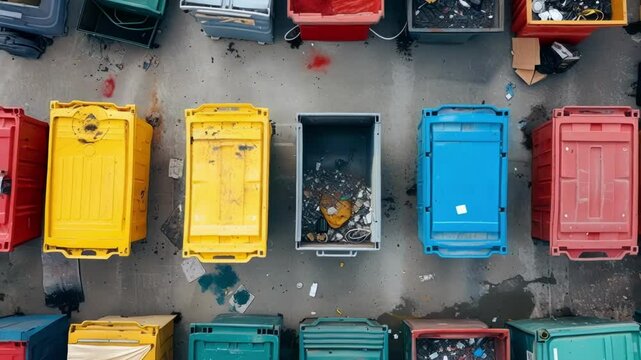 Rows of colorful industrial dumpsters highlight a modern waste management facility, showcasing efficient organization and innovative approaches to urban sanitation and disposal