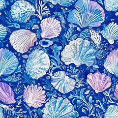 Seashells seamless pattern in shades of blue, purple, green, and white 