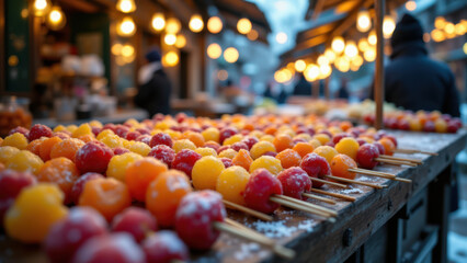 A close-up view of tanghulu, a popular street snack with skewered fruits covered in sugar.