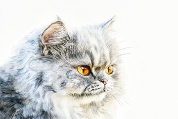 A gray cat with vibrant orange eyes perched on a white surface