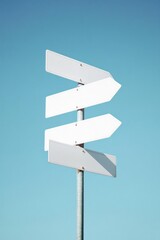 A street sign with three white arrows pointing in different directions