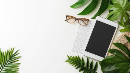 Modern Workspace Layout with Tablet, Glasses, and Green Plants