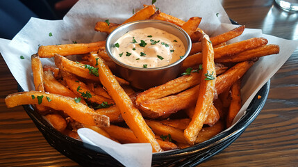 Sweet potato fries with garlic aioli dip.
