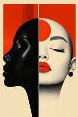 A striking graphic representation of two contrasting faces in bold colors.