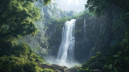 Majestic Waterfall Cascading Through Lush Tropical Paradise