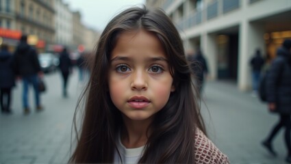 A young girl with long dark hair and a calm expression stands in a busy urban street with blurred city lights. Generative, AI,