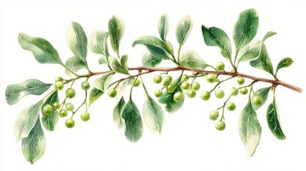 Fototapeta premium Watercolor painting of a natural branch with green berries, ideal for illustrations and designs