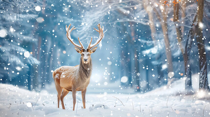 Snow-Covered Deer in Winter Forest