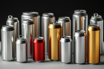 A group of aluminum cans arranged side by side on the ground