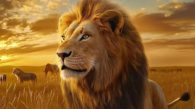 Majestic male lion gazing into the distance at sunset, surrounded by grassland.