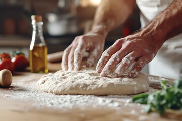 A close-up of hands expertly kneading dough, surrounded by flour and kitchen ingredients, capturing the art of baking in a warm, inviting environment.