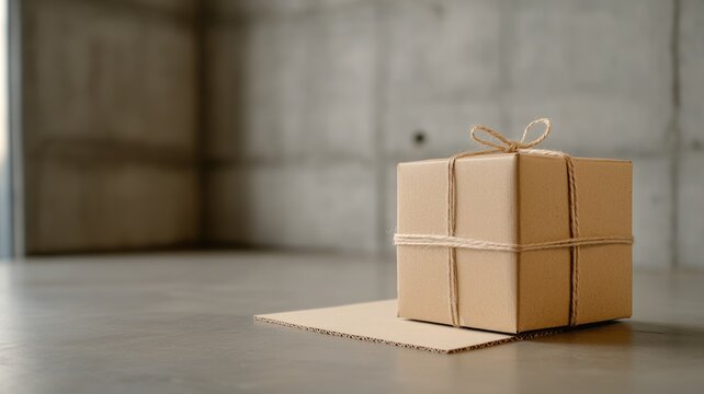 Simple brown cardboard box tied with string on smooth concrete surface