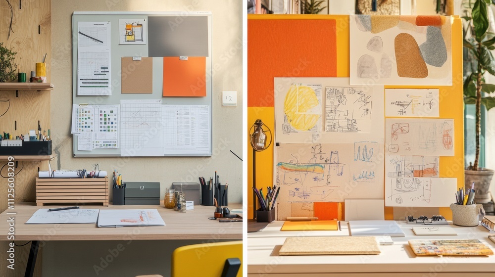 Fototapete a split view shows a tidy workspace next to a vibrant desk of sketches and colors, inspiring creativ