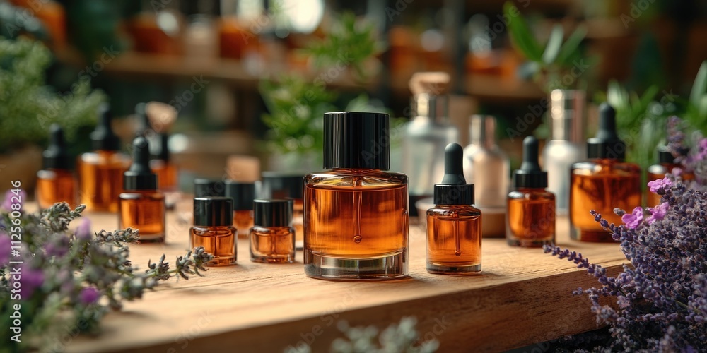 Poster a collection of perfume bottles arranged on a wooden table, ready for display or use