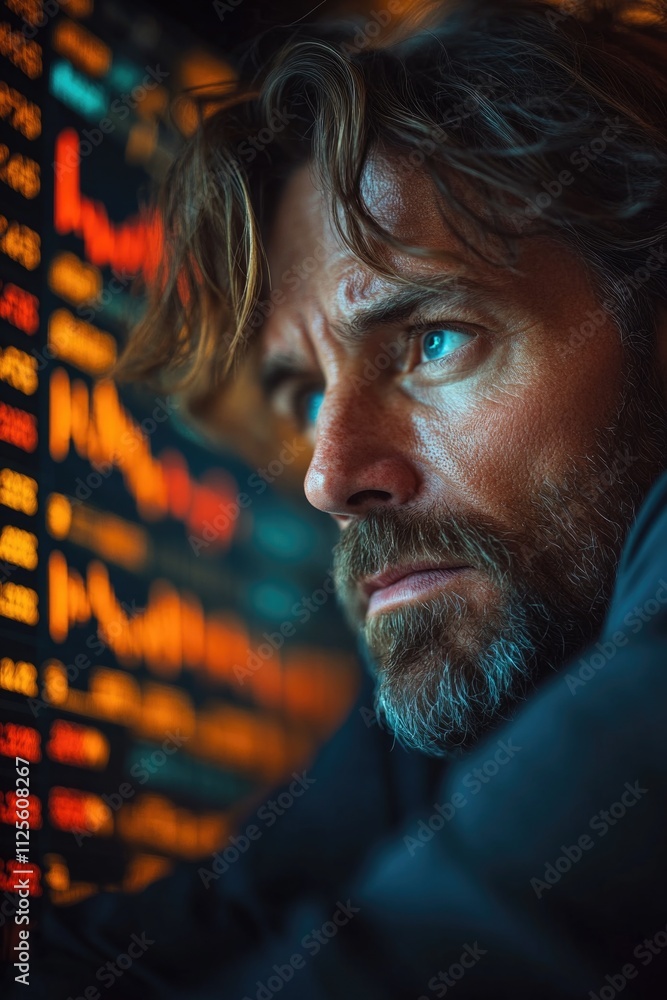 Poster a person with a beard sitting in front of a computer, focused on the screen