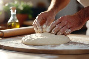 A pair of hands shapes dough on a wooden board, showcasing the art of culinary preparation and the tactile connection to food and cooking.