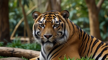 Close-up of a Sumatran tiger in a lush forest habitat, attentive gaze.