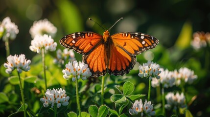 A butterfly sits on the petals of a white flower, surrounded by natural beauty