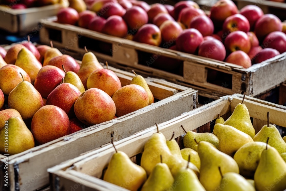 Poster Fresh produce on display at an outdoor market, featuring colorful apples and pears stored in wooden crates