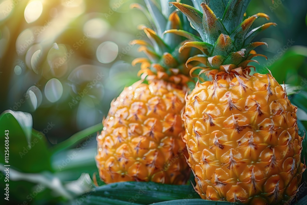 Poster a close-up view of two pineapples growing on a tree, with leaves and stem visible