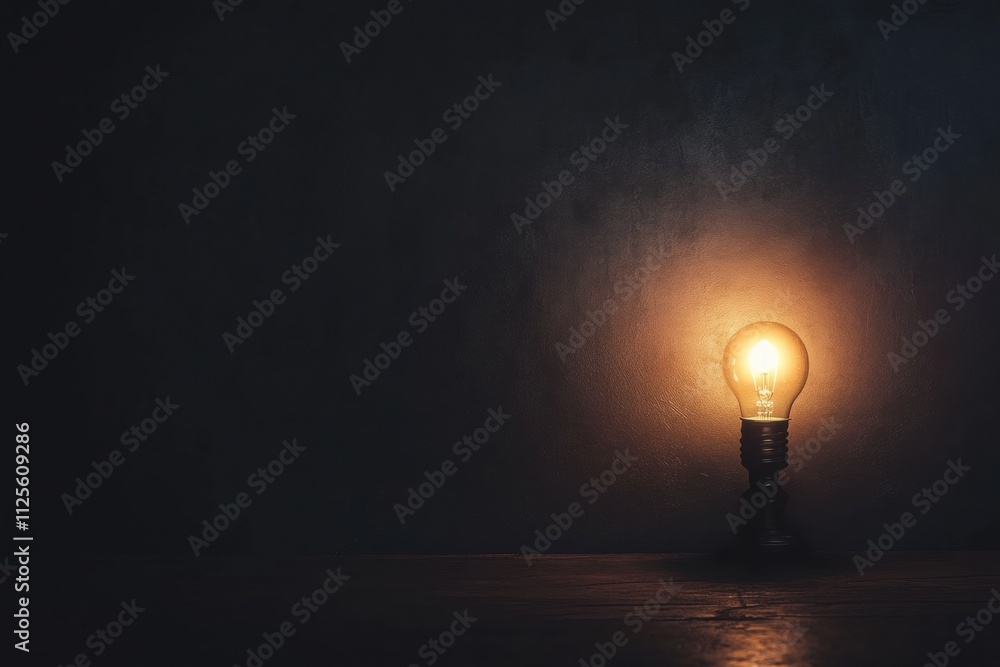 Poster a solitary light bulb softly glows in an empty, dark room, creating an atmosphere of solitude and of