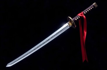 Japanese katana sword with a clear glowing blade, with a handle tied with a scarlet ribbon hanging on a black back