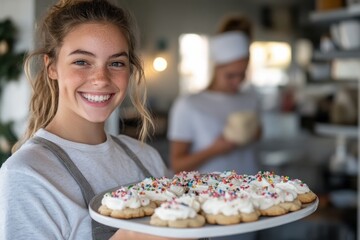 A smiling baker proudly presents a tray of colorful, frosted cookies, filled with vibrant decorations, expressing creativity and joy in her baking endeavors.
