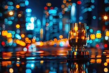 A candle on a table in front of a cityscape