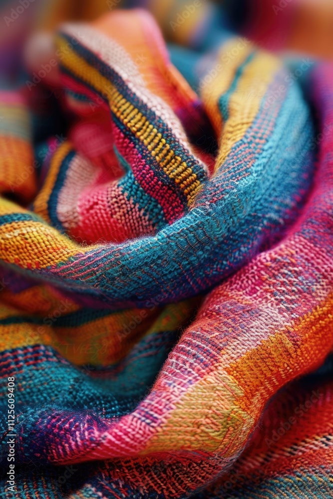 Poster a colorful scarf with intricate patterns and textures in a tight shot