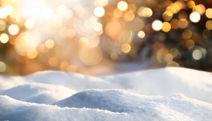 Fototapeta premium Abstract winter background with snow and golden Bokeh lights